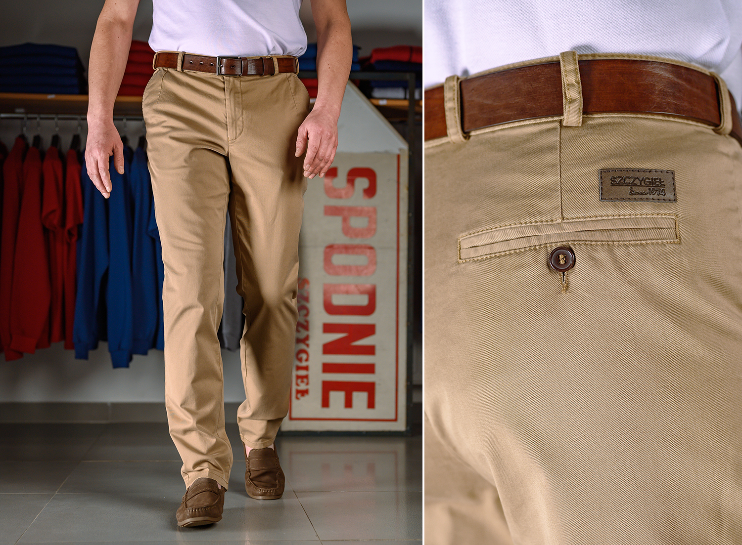 Chinosy męskie camel na lato, lekkie i przewiewne